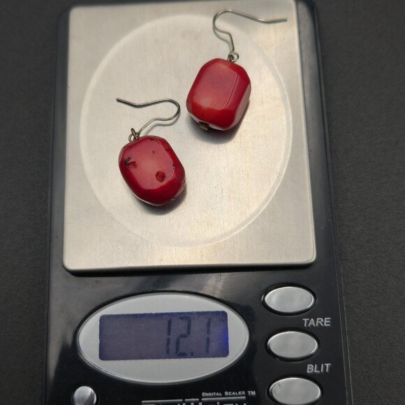 Copper Good Size Chunk Of Red Shell Dangle Earrings A6108 - Picture 5 of 5